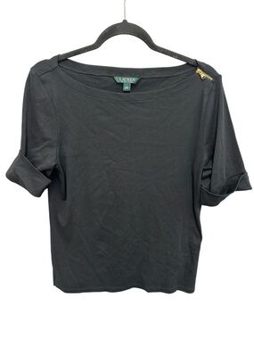 Lauren Ralph Lauren black short sleeve tee with cuffed sleeves and zipper accent
